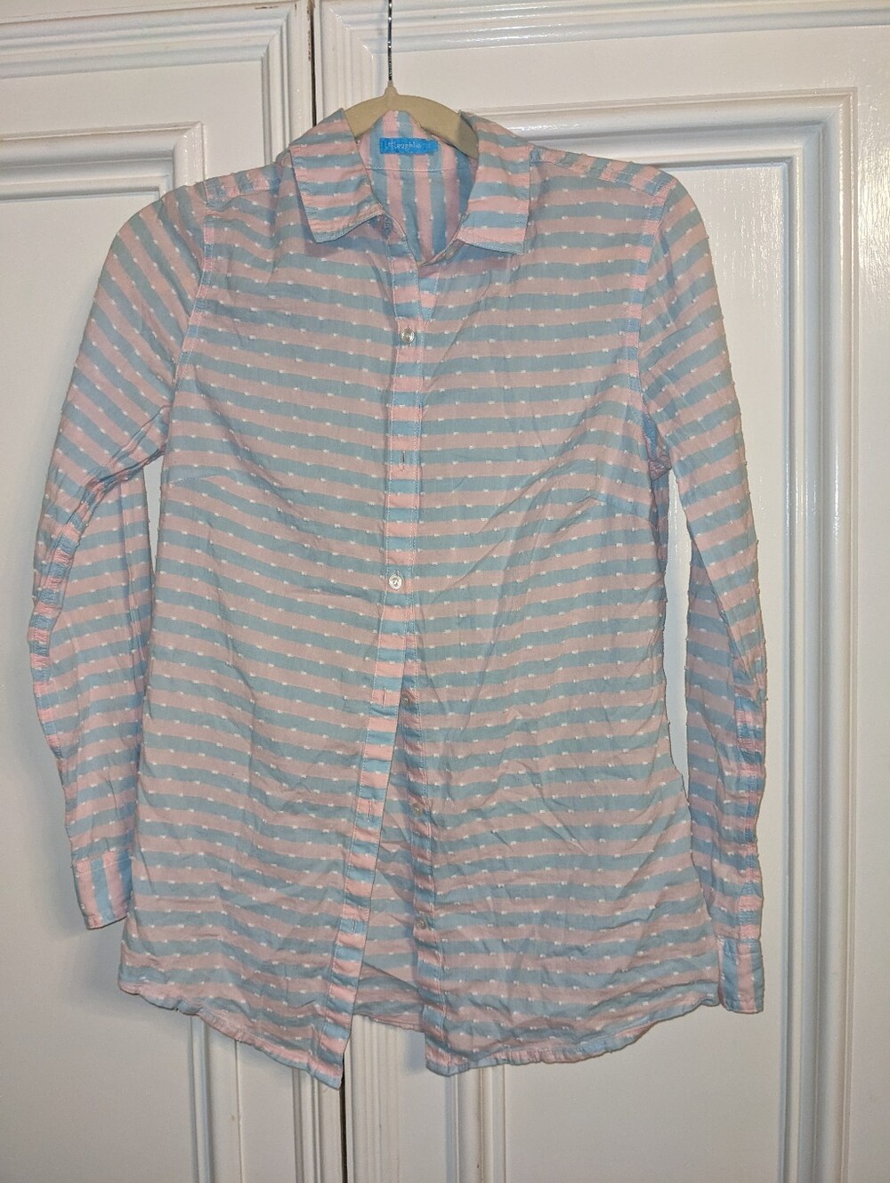 J. McLaughlin Pink Blue Stripe Swiss Dot Button Down Shirt Small Cotton Prep